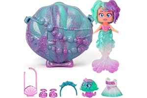 KOOKYLOOS Mermaids PEARL – Muñeca sirena con 1 concha-bolsito, 1 cola de sirena, 1 mascota, ropa, accesorios y zapatos
