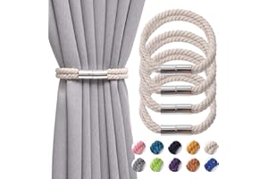 Pretty Jolly 4 Pack Strong Magnetic Curtain Tiebacks Boho Decoration Drape Tie Backs Natural Cotton Handmade Double Rope Curtain Holdbacks for Thin or Thick Home & Office Window Drapery (Beige)