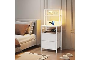 MUTUN Bedside Table with Charging Station and LED Light Strips, Nightstand with Drawers, Bedside Cabinet for Living Room, Bed Side Table for Bedroom, White