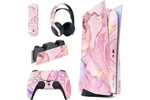 PlayVital Cosmic Pink Gold Marble Effect Full Set Skin Decal for ps5 Console Disc Edition,Sticker Vinyl Decal for ps5 Controller & Charging Station & Headset & Media Remote