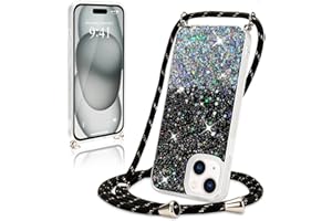 Wirvyuer Handykette Hülle für iPhone 15 Plus Handyhülle mit Kordel Glitzer Schutzhülle mit Band zum Umhängen Halskette Silikon Case mit Schnur für iPhone 15 Plus Schwarz