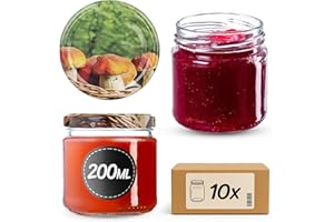 Zestaw 10 słoików na przetwory KADAX o pojemności 200 ml z odkręcaną pokrywką o średnicy 66 mm – Grubościenne, hermetyczne słoiki na desery, odporne na działanie zmywarki, idealne na dżem i przetwory