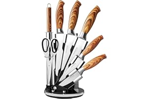 Nuovva Sharp Kitchen Knife Set – 7Pcs Stainless Steel Blades with Wooden Style Handles – 360° Rotating Acrylic Knives Block Set with Sharpener – Chef, Bread, Utility, Scissors, Paring & Carving Tools