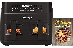 Devology Double Air Fryer - 9L - 2 x 4.5L Independent Cooking Zones With Light Up Glass Front - Free 50 Recipe Cookbook- 10 Cooking Programs - Digital LED Display - Healthy Oil-free Fryer - Portable