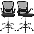 SONGMICS Drafting Chairs with Flip-up Armrests, Set of 2 mesh Office Chairs, Ergonomic Painting Chairs with Height Adjustable Lumbar Support and Footrest, for Standing Desk, Black OBN026B02-2