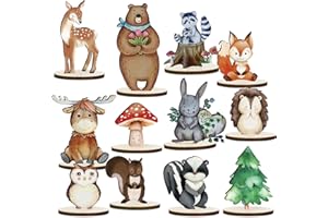 QIMEYU Holz Waldtiere Deko Ornamente,12 Stück Holz Tischdekorationen mit Holzsockel,Niedliche Waldtiere Ornamente,Tortendeko Dschungel,Tischaufsätze für Waldlager für Kindergeburtstag Deko
