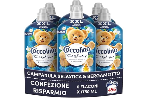 Coccolino Mjukmedel Koncentrat vildklocka och bergamott, mjukmedel intensiv vård tvättmaskin med Pro-Fiber-teknik, XXL-storlek 456 tvättar, 6 stycken 1750 ml