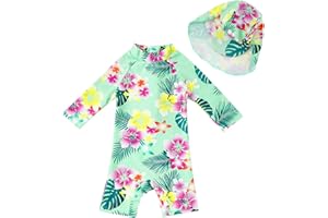 upandfast Maillot 1 pièce bébé Fille avec Fermeture éclair Maillot à Manches Longues et Chapeau Assorti avec Protection Solaire UPF 50+