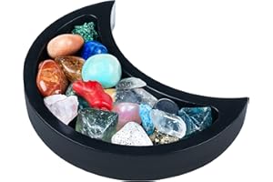 Curawood Crescent Moon Tray for Crystals - Showcase Your Crystals & Healing Stones - 15cm Black Wooden Crystal Holder for Stones Display - Crystal Tray for Stones Storage - Rock Display Case Organiser