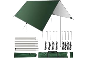 GEEDIAR Camping Tarp with Poles - Hammock Rain Fly Tent Tarp with Poles 300 x 400 cm - Waterproof Camping Sun Shelter for Outdoor, Travel, Sunshade, Rain, Hammock (Dark Green)