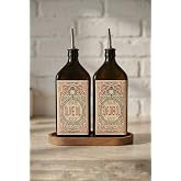 Frolde 2'li Ahşap Stantlı &Ccedil;elikTıpalı 500 ml Cam Ay&ccedil;i&ccedil;ek Yağı Zeytinyağı Şişesi Yağdanlık Vintage Retro (YA) (FROLDEARED)