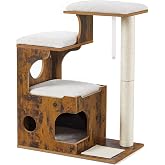 Feandrea Cat Tree, 86 cm Height, with Sisal Post, Platform | MDF, Washable Faux Leather Cover, Rustic Brown and Cream White,