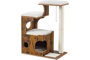 Feandrea Tiragraffi, Albero per Gatti di Truciolato Alto 86 cm, con Grotta, Posatoi, Colonna e Tappeto Graffiatoio in Sisal, Lavabili Tappeti in Pelliccia Sintetica, Marrone Vintage PCT70HW