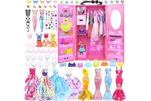 BNUZEIYI 75 Stück Kleidung Schmuck Zubehör für Puppen Kleiderschrank für 11,5 Zoll Puppe - Modedesign Puppen Set mit Hochzeitskleid Kleider Outfits Tops und Hosen Taschen Geschenk Spielzeug für Mädchen