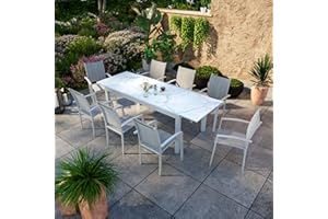 Avril Paris Table de Jardin Extensible Aluminium Blanc Effet marbre 180/240cm + 8 fauteuils empilables textilène - ANIA.