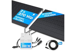 Panneau solaire LightMate 740W pour la prise de courant, kit complet jardin/toiture plate 2 panneaux, 2 onduleurs (puissance totale 720W), support, câble de connexion, câble électrique 5 m