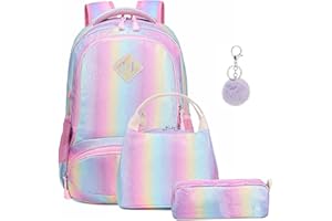 A AM SeaBlue Sac à Dos Cartables Filles Enfant École Primaire Glitter Arc En Ciel Set