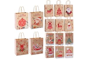 TOMKITY 16 Pochettes Sac Cadeau Noël en Papier avec Poignée Sachets pour l'emballage de Cadeau Biscuits Bonbons pour Noël 16 Modèles 21cm*15cm*8cm