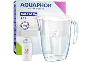 AQUAPHOR Smile Water Filter Jug - 2.9L, Fits Fridge Doors, Lightweight, Space-saving, Includes 1 x A5 350L Filter with added Magnesium, Reduces Limescale, Chlorine, Microplastics - White
