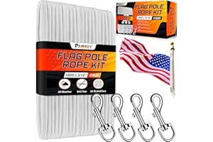 PAMAZY [Upgraded] 5/16” 100Ft Flag Pole Rope Kit with 4 Pcs 3.3” Swivel Snap Hook - High Weight Bearing Anti-Tearing Rope with Durable Steel Swivel Hook Set - Flag Pole Accessories Replacement Kit