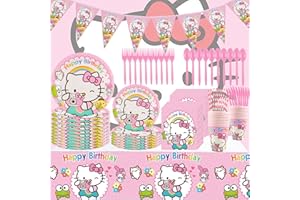 KEVRDRT 91 Piece Theme Party Supplies, Kitty Tableware Table Decoration, Party Decoration Set, Birthday Decoration with Plates, Cups, Napkins, Tablecloth, Knife and Fork