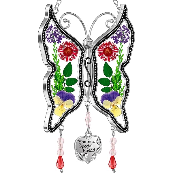 Butterfly Sun Catcher With Pressed Flowers – Glass Suncatcher With Heart Charm, Gift For Mom