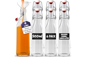 Volila Glass Bottles with Stoppers 500ml - 6 Pack Clear Swing Top for Homebrewing, Beverages, Kombucha, Wine, Vinegar and Oil - Flip Top with Leak Proof Caps, Labels, Pen and Brush