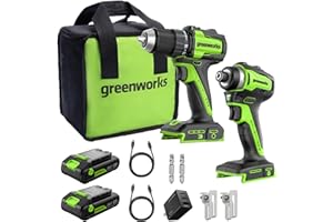 Greenworks 24V Trapano Avvitatore a Batteria 45Nm + 220Nm Avvitatore a impulsi a batteria Brushless, (2) batterie USB-C 2.0Ah (12.000mAh) e caricatore veloce USB-C da 65W (3 porte) CK321