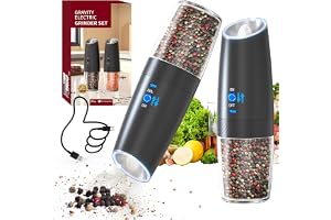 HOTUT Elektrisk salt- och pepparkvarn set med 2 – USB-uppladdningsbar, justerbar, med LED och borste, ett handtag för kök och