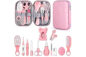 PZCC Trousse de Soin Bebe, Trousse de Toilette Bebe, 12 Accessoires Essentiels Soin de Bébé, avec Thermomètre Digital, Peigne et Coupe Ongles, Kit, Cadeau de Naissance Fille et Garçon (Rose)