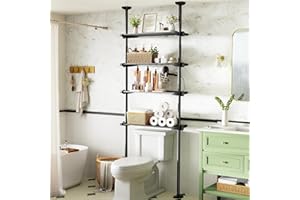 WELDUN Over Toilet Storage Unit, 4-tier Bathroom Shelf Rack for Narrow Small Space, No Drilling, Adjustable Height 122-315CM & Width 49-79CM, Black