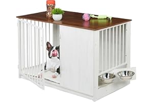 Relaxdays Gabbia per Cani, Mobile con Kennel Integrato 65,5x102x60 cm, Mobiletto Acciaio, MDF, 2 Ciotole, Marrone Bianco