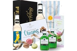 SPARKLING DIRECT Gin Gift Set - Birthday Gifts for Women, Gin Hamper with 2 x 5cl Gordons Gin, Box of Macarons, Salted Caramel Chocolates, Gin Fizz Gummies, and 2 Bottles of Artisan Lemon Tonic
