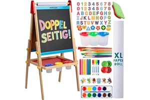 ‎BLUE SQUID Blue Squid Kinder Staffelei - Höhenverstellbare, Doppelseitige Holz-Staffelei mit Magnetischer Kreidetafel, Whiteboard, Papierrolle, 100+ Zubehör, Ideal für Kinder 3-12 Jahre