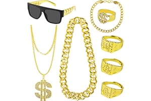 YARVPUV 8 Piezas Disfraces Hip Hop Kit, Disfraz Rapero, Disfraz de Rapero de Los 80,Estilo Hip Hop, Punk, Cadena Dorada, Juego de anillos, Gafas de Sol, Cadena Dorada, Decoración de Los años 80 y 90