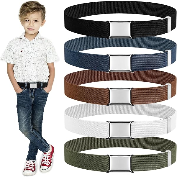 Lot De 4 Ceintures élastiques Pour Enfants - Boucle Carrée, Réglables - Noir, Café, Bleu Marine, Gris Foncé - 13