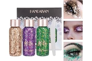 FANNAS 3 Botellas Purpurina Líquida para Maquillaje, Purpurina Cara Festival Gel, Body Glitter Gel, Purpurina Brillante para Cosméticos, Pelo, Labios, Uñas, Fiesta (Oro champán/Morado/Verde)