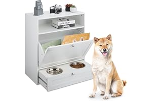 Relaxdays Armoire pour Chien avec tiroir et 2 Bols, Compartiment Nourriture, MDF Blanc, 68x60x33 cm