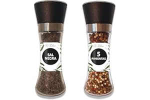 WALLY GOURMET Sal Del Himalaya Negra -Kala Namak- Y Cinco Pimientas En Molinillo. 100% Natural, Organico, Sin Aditivos, Sin Refinado. Para Sazonar Y Condimentar. Origen: Punjab, Pakistan