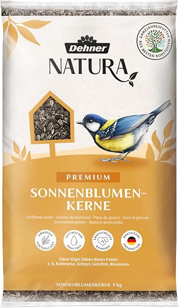 Dehner Natura Premium Wildvogelfutter, Sonnenblumenkerne, Ganzjahresfutter proteinreich / energiereich, hochwertiges Vogelfutter für Wildvögel, 5 kg - 1