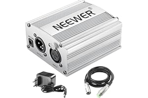 Neewer 1-Canal 48 V Phantom Bloc d’Alimentation avec Adaptateur et câble Audio XLR pour Tout Microphone à condensateur, Musique et Studio d'enregistrement, argenté