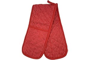 Gr8 Home Butcher Stripe Heat Resistant Thick Padded Double Oven Gloves Quilted Pinstripe Plain Kitchen BBQ Baking Mitts[Red Stripe Double]