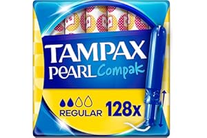 Tampax Tampones Pearl Compak Regular Con Aplicador Suave, Pack de 128, 3 en 1 Protección Antifugas, Comodidad Y Fácil Inserción