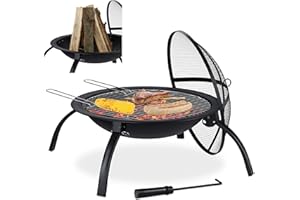 Relaxdays Braciere XL, Graticola, Attizzatoio, Coperchio Parascintille, Giardino, Terrazza, Vassoio D 56,5 cm, Nero