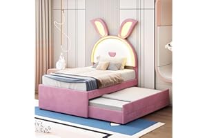 Kehun Kinderbett Polsterbett 90x200 mit LED-Kopfteil, Einzelbett mit Ausziehbarem Bett und 2 Stauraum Schublade für 2 Kinder, Schlafsofa mit Lattenrost, Kaninchen Stil, Samt, Rosa, Ohne Matratze