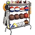 Sttoraboks Basketball Rack, Garage Ball Storage Stand 4-Layer Ball Rack Rolling Balls Organizer with Baseball Bat Holder & Hooks Sport Equipment Storage Cart with Wheels for Football Volleyball Soccer