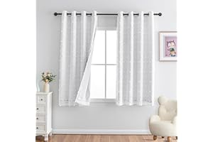 MYSKY HOME Rideau Occultant Thermiques Blanc Court - Double Rideau Opaque Rideaux Chambre Enfant des Boules Blanches 2 Morceaux, H 160 x B 140 cm, Blanc