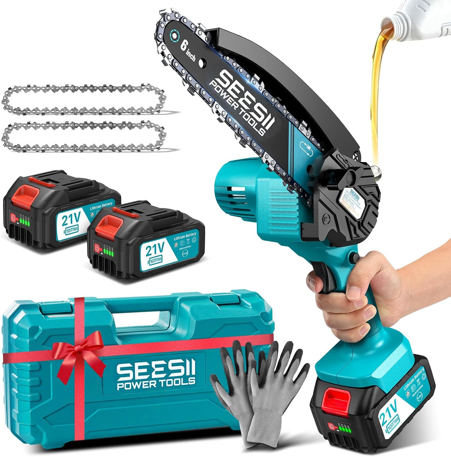 SEESII 6'' Mini Motosierra Bateria 2x4000mAh, Motosierra Eléctrica Bateria 900W con Depósito Para El Aceite y Cadena Reemplazable, Motosierra Inalámbrica Portátil para Podar Árboles de Jardinería