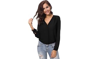 Urban GoCo Femmes Chemisier Col V Hauts Tops Mousseline Manches Longues Chemise