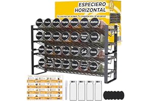 LA FÁBRICA DE INVENTOS Organizador Especias Horizontal con 32 Frascos + Etiquetas - Especieros para Cocina de Metal, Montaje en Pared o Encimera - Sistema Modular 2 Niveles - Incluye Rotulador Blanco + Recetario